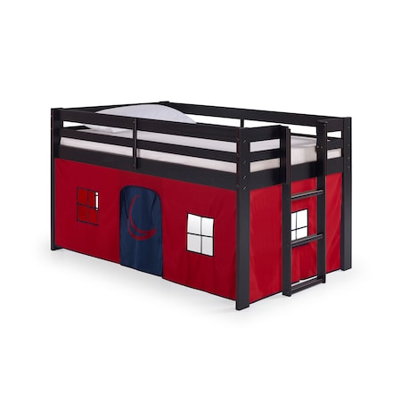 Alaterre Furniture Jasper Twin Junior Loft Bed, Espresso Frame and Red/Blue Bottom Playhouse Tent AJJP00P0ATRBL